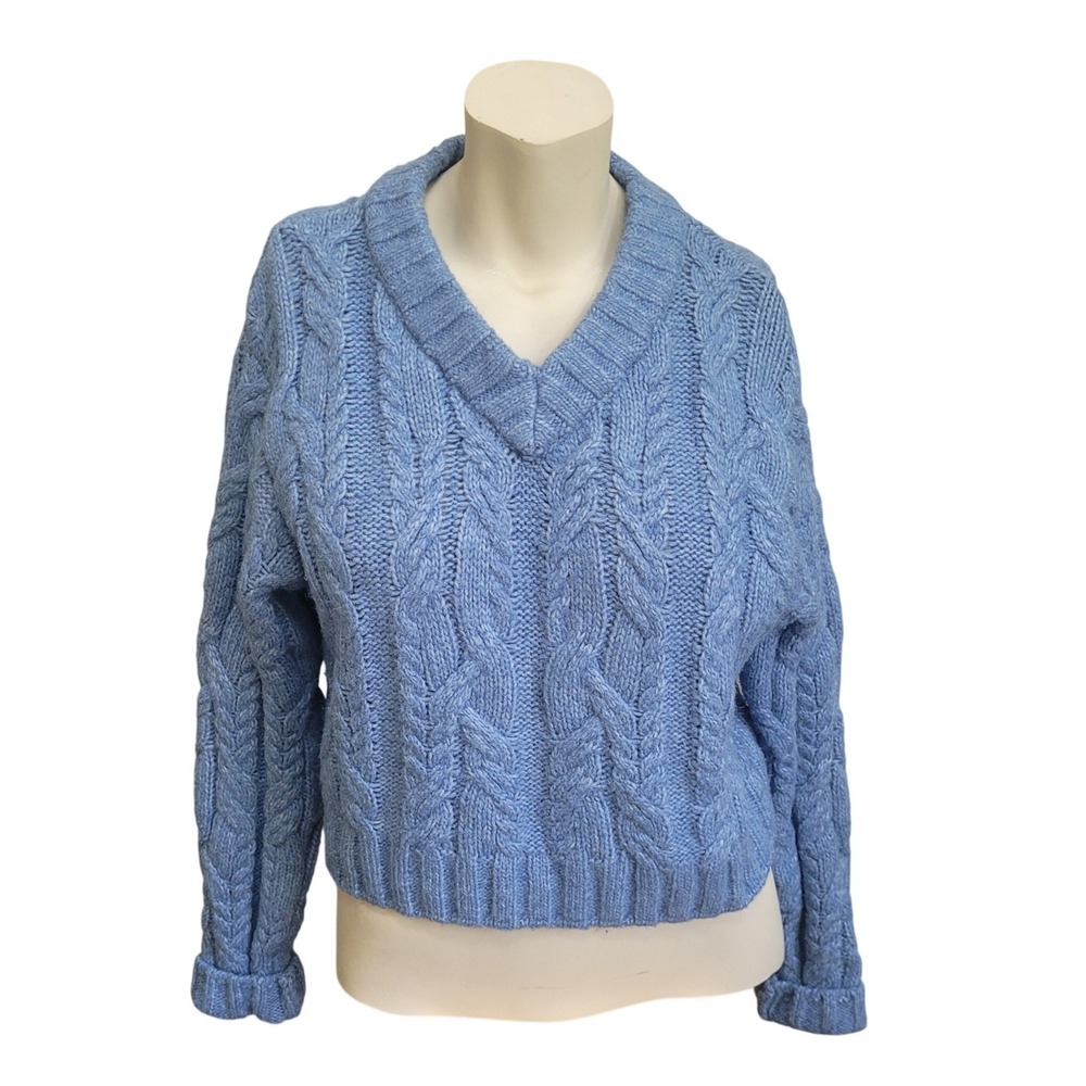 Divided H&M Blue Cable Knit V-Neck Sweater Women Large Chunky Crop‎